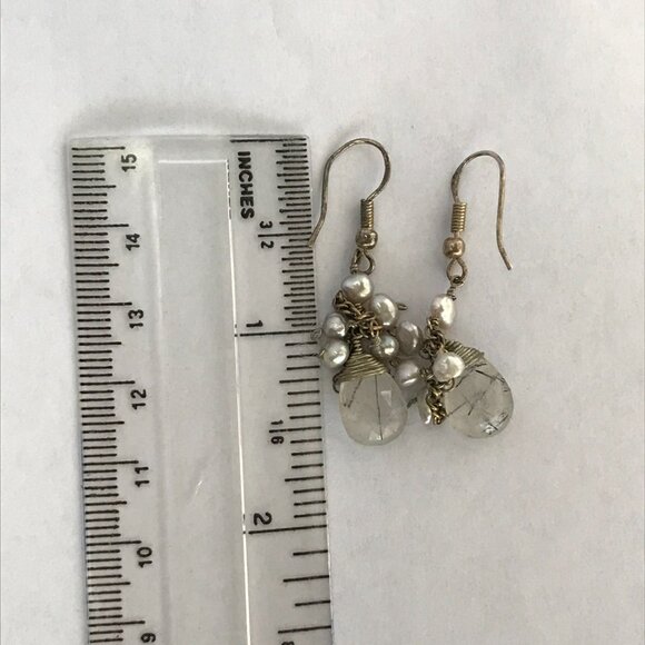 Silver, Pearl and Tourmalated Quartz Dangle Earrings - Picture 6 of 7